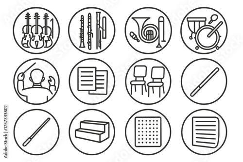 Orchestral Icon Set. Line style round icons of orchestral sections: strings, woodwinds, brass, percussion; conductor, music sheets