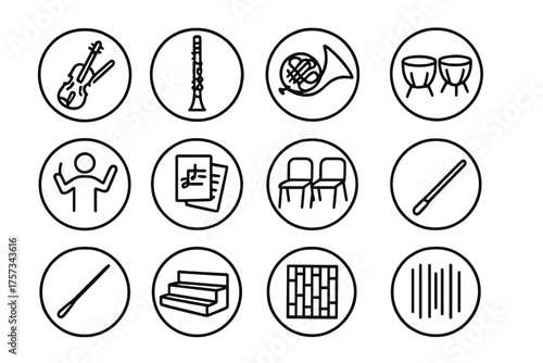 Orchestral Icon Set. Line style round icons of orchestral sections: strings, woodwinds, brass, percussion; conductor, music sheets