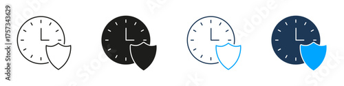 Clock With Shield Line And Solid Icon Set. Time Management And Security Protection Symbol Collection. Reliability And Safety Assurance. Isolated Vector Illustration