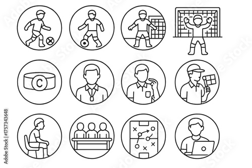 Football Positions Icons. Line style round icons of football positions: striker, midfielder, defender, goalkeeper; captain armband