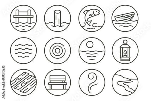 Waterside Icon Collection. Line style round icons of waterside features: pier, dock post, fish jump, rowboat; tide, ripple, moon