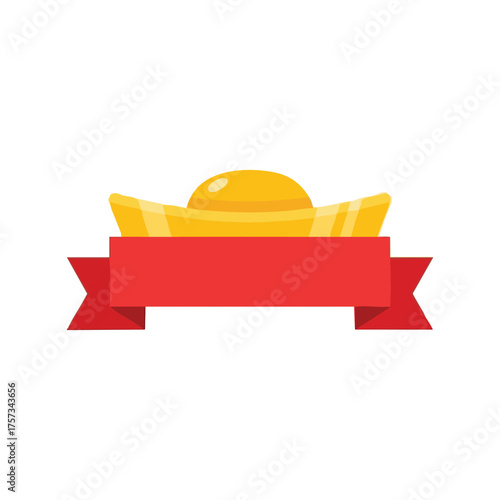 A vibrant illustration showcases a golden ingot resting atop a red ribbon, a symbol of wealth and prosperity on a white background.
