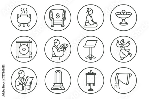 Ancient Ceremony Icons. Line style round icons of ancient ceremonies: incense burner, court drum, kneeling pose, offering tray;