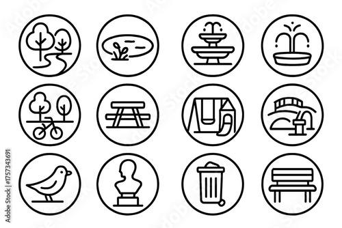 City Park Icons. Line style round icons of city parks: trees, path, pond, fountain; bike lane, picnic table, playground, bird;
