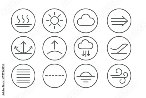 Weather Icon Collection. Line style round icons of sky conditions: thermal wave, clear sky, cumulus cloud, wind arrow; sun path,