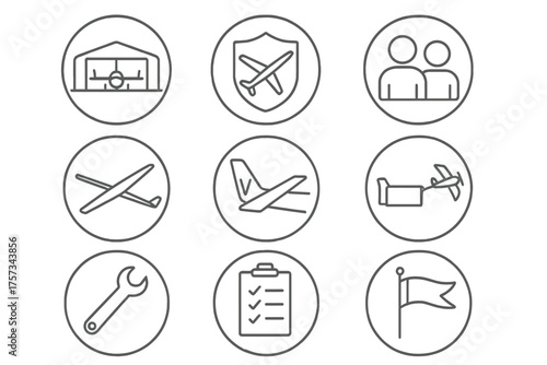 Flight Club Symbols. Line style round icons of flight club: hangar, badge, tow plane, group photo; glider wing, tail logo, banner,