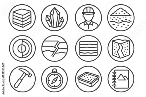 Geology Line Icons. Line style round icons of geology and minerals: rock layer, crystal, geologist, sediment; earth core, fault