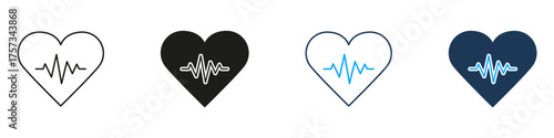 Heart With Pulse Line And Solid Icon Set. Cardiovascular Health And Heartbeat Monitoring Symbol Collection. Medical And Fitness Tracking. Isolated Vector Illustration