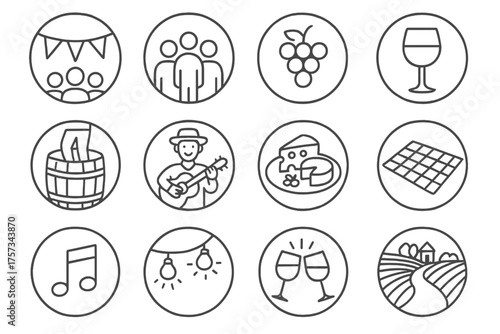 Wine Festival Icons. Line style round icons of wine festival: banner, crowd, grapes, wine cup; stomping barrel, performer, cheese