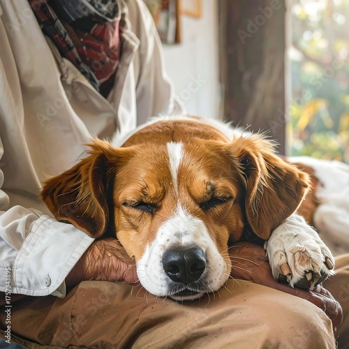A dog rests calmly in its owner's lap, bathed in soft light