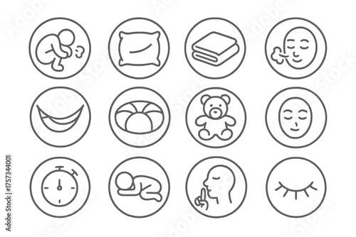Nap Time Icons. Line style round icons of nap time: curled figure, soft pillow, light blanket, breath cloud; hammock, floor