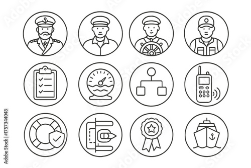 Marine Expertise Icons. Line style round icons of marine expertise: captain, harbor pilot, navigator, coast guard; clipboard, tide