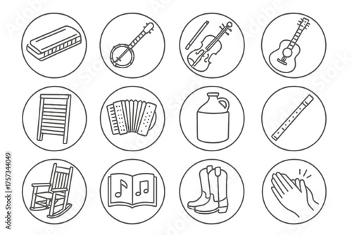 Folk Music Instruments. Line style round icons of folk music: harmonica, banjo, fiddle, acoustic guitar; washboard, accordion, jug