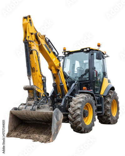 Heavy yellow backhoe loader with bucket attachment ready for construction work on a white background