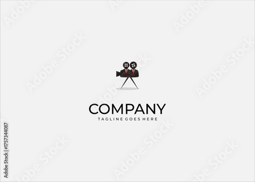 Business Movie Camera Mascot Vector Illustration with Twin Figures in Suits for Filmmaking Production Media Company or Corporate Studio Brand