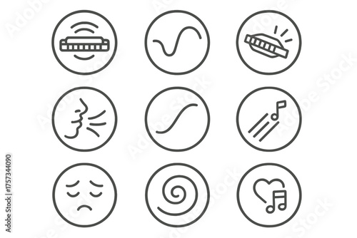 Expressive Sound Icons. Line style round icons of expressive sound: harmonica wave, soft tone, loud bend, fast riff; breath