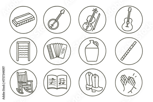 Folk Music Icons. Line style round icons of folk music: harmonica, banjo, fiddle, acoustic guitar; washboard, accordion, jug, tin