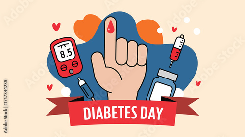 Vector art of diabetes day concept with a finger prick for blood test, glucometer, syringe, and medication bottle, emphasizing monitoring and treatment
