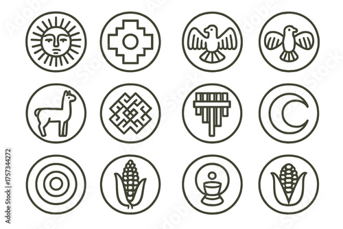 Incan Cultural Icons. Line style round icons of cultural symbols: sun god, Inca cross, condor, alpaca; chakana, woven pattern,