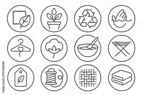 Sustainable Textile Icons. Line style round icons of sustainable textiles: organic fabric, plant dye, recycle symbol, hand wash;