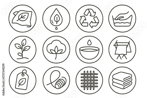 Sustainable Textile Icons. Line style round icons of sustainable textiles: organic fabric, plant dye, recycle symbol, hand wash;
