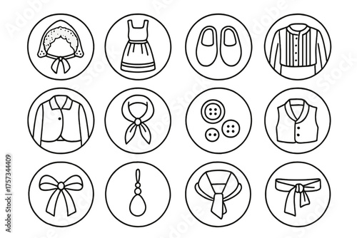 Folk Costume Icons. Line style round icons of folk costume: lace hat, apron dress, wooden shoes, striped blouse; jacket, scarf,