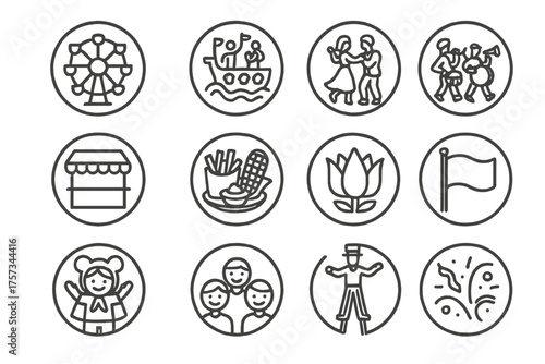 Festive Line Icons. Line style round icons of cultural festivities: fair ride, parade float, dancing couple, band; booth sign,
