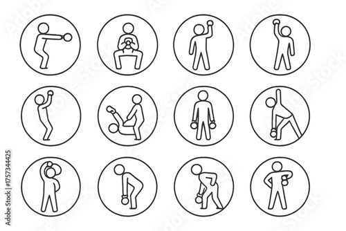 Kettlebell Movement Icons. Line style round icons of kettlebell movements: swing, goblet squat, clean, press; snatch, Turkish