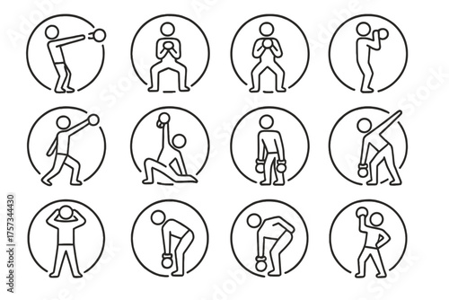 Kettlebell Movement Icons. Line style round icons of kettlebell movements: swing, goblet squat, clean, press; snatch, Turkish