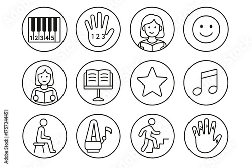 Piano Learning Icons. Line style round icons of beginner piano class: keyboard, numbered keys, hand chart, smile icon; teacher