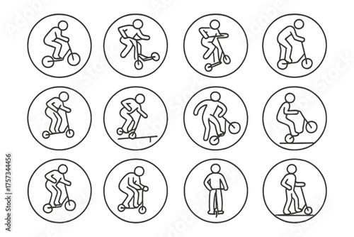 Scooter Tricks Icons. Line style round icons of scooter tricks: bunny hop, tail whip, bar spin, manual; jump, grind rail, 180 turn