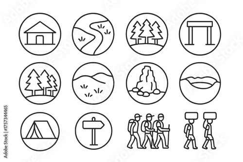 Kilimanjaro Route Icons. Line style round icons of Kilimanjaro routes: Marangu hut, Machame trail, Lemosho path, Rongai gate;