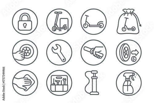Scooter Care Icons. Line style round icons of scooter storage and care: lock, rack, folded scooter, cover bag; tire check, bolt