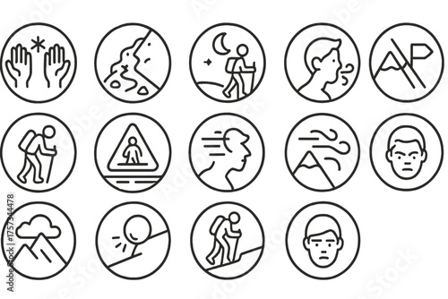 Climbing Challenge Icons. Line style round icons of climbing challenges: cold hands, steep trail, night walk, thin air; slow pace,