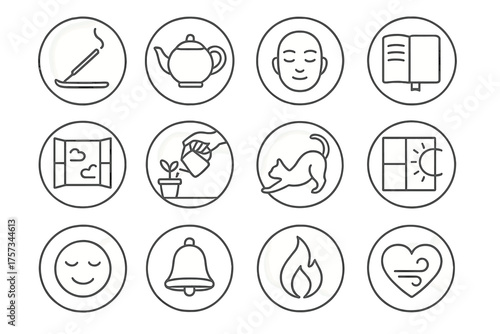 Mindful Rituals Icons. Line style round icons of mindful rituals: incense stick, tea pot, quiet face, journal book; open window,