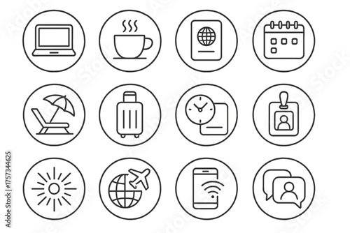 Freelancer Essentials Icons. Line style round icons of freelancer lifestyle: laptop, coffee, passport, calendar; beach chair,