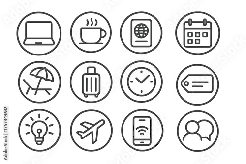 Freelancer Essentials Icons. Line style round icons of freelancer lifestyle: laptop, coffee, passport, calendar; beach chair,