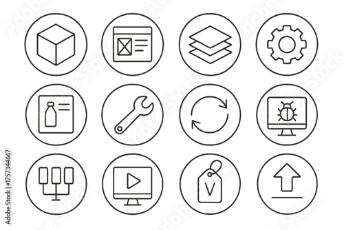 Prototyping Icon Collection. Line style round icons of prototyping stage: 3D cube, wireframe, layers, settings gear; product