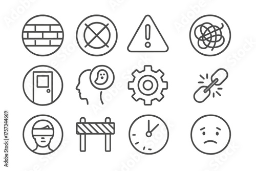 Innovation Barriers Icons. Line style round icons of barriers to innovation: wall, error icon, warning triangle, tangled rope;