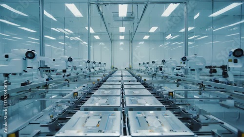 lithium-ion battery modules on automated conveyor in a modern factory, energy storage production line
