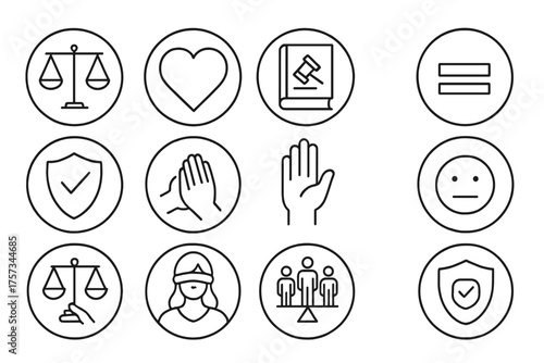 Ethical Decisions Icons. Line style round icons of ethical decisions: justice scale, heart icon, law book, equal sign; truth badge
