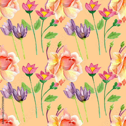 Motivo floreale acquerellato con rose e fiori primaverili su sfondo pesca