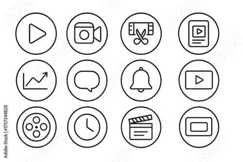 Video Marketing Icons. Line style round icons of video marketing: play button, camera icon, editing scissors, video script;