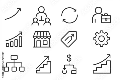 Business Growth Icons. Line style round icons of scaling a business: growth curve, delegation icon, repeat process, new hire;