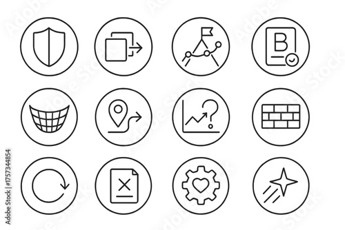 Risk and Resilience Icons. Line style round icons of risk and resilience: shield icon, fallback plan, challenge curve, plan B;