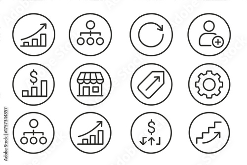 Business Growth Icons. Line style round icons of scaling a business: growth curve, delegation icon, repeat process, new hire;