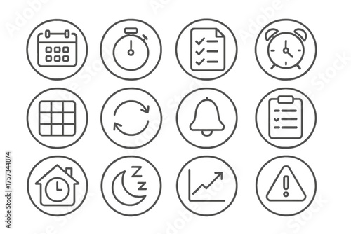 Time Management Icons. Line style round icons of time management at home: calendar app, focus timer, task checklist, pomodoro