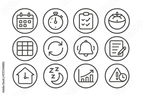 Time Management Icons. Line style round icons of time management at home: calendar app, focus timer, task checklist, pomodoro