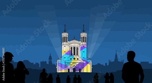 A stunning flat design illustration showcasing the iconic Basilica of Notre-Dame de Fourvière bathed in vibrant light projections during Lyon's Festival of Lights. 