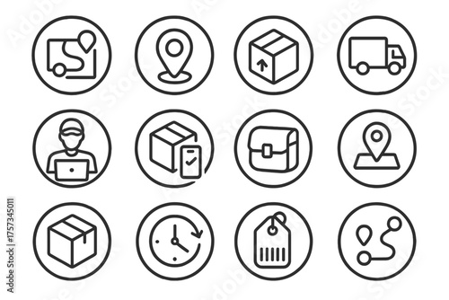 Logistics Line Icons. Line style round icons of logistics and delivery: route map, GPS pin, delivery icon, transport truck;